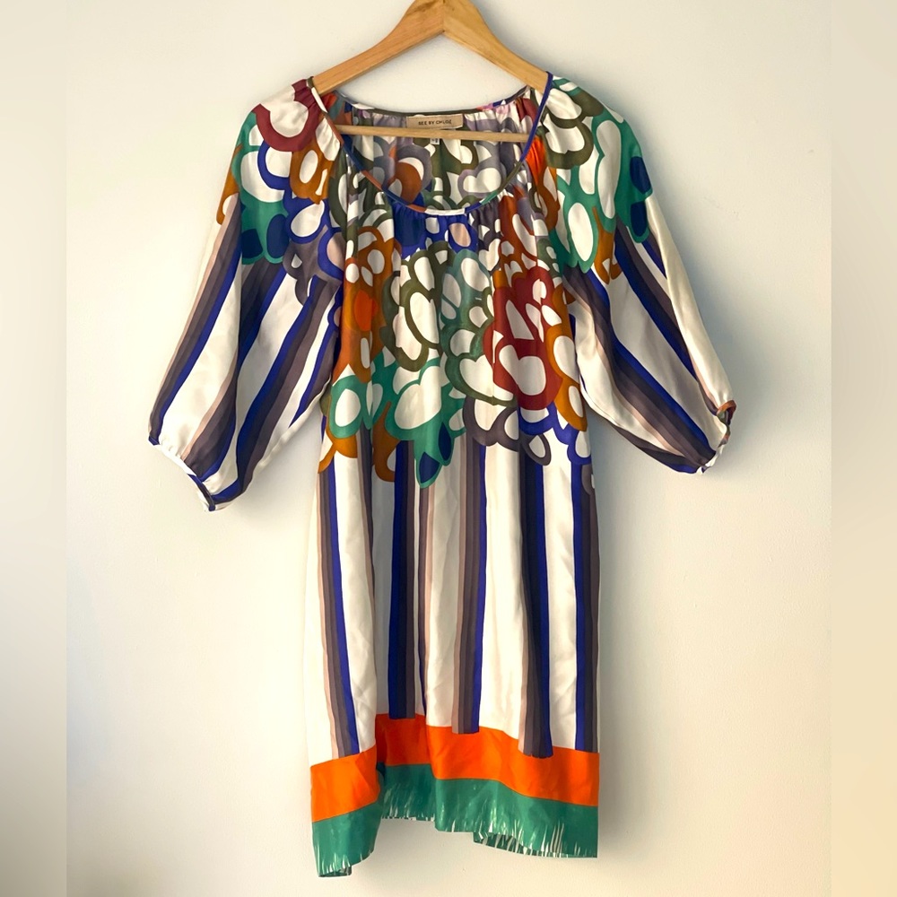 See by Chloe Silk Boho Multicolor Tunic Shift Dress